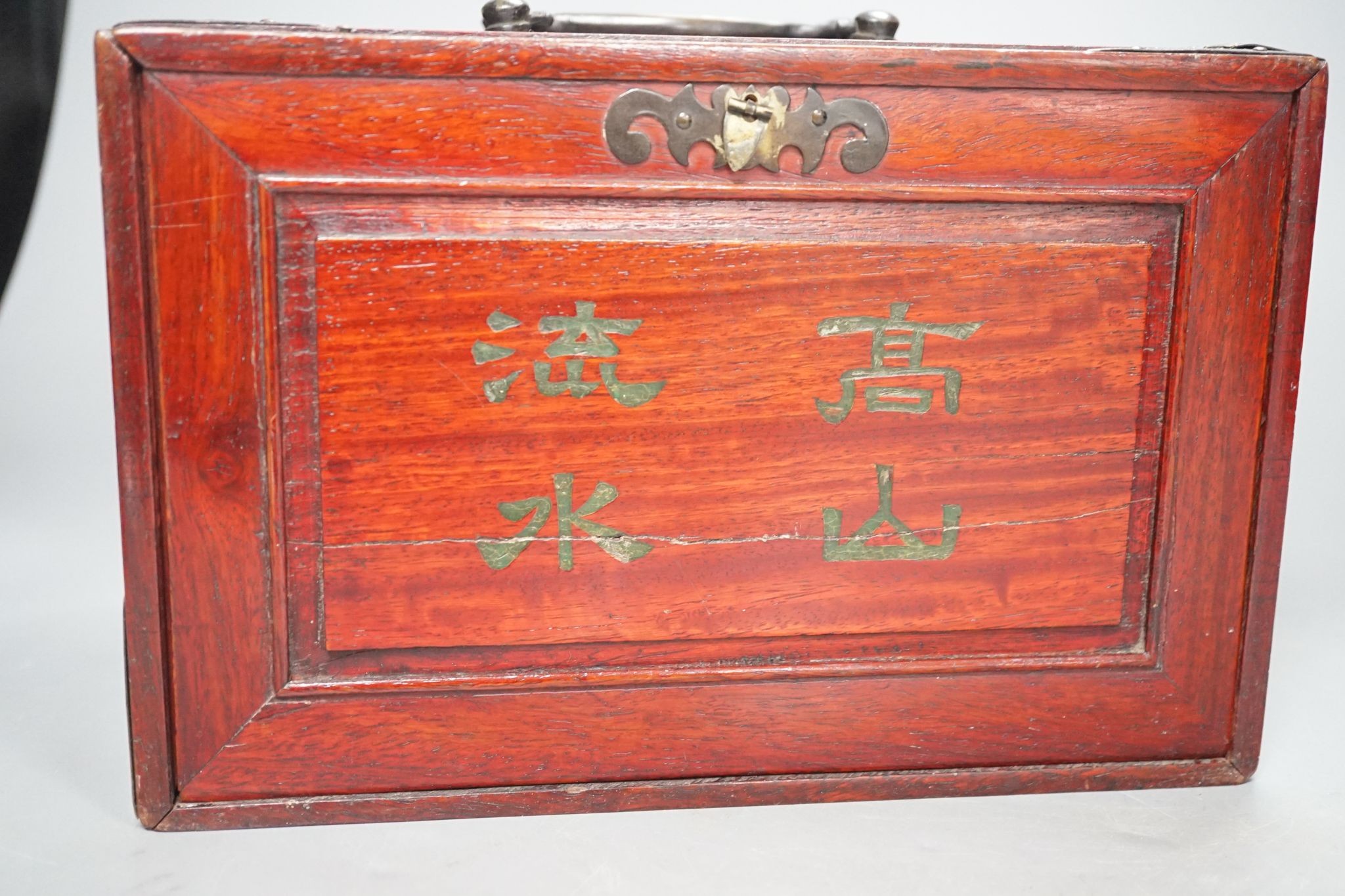 A MahJong set and a Chinese brass mounted card case., MahJong set, 15.5 cms high x 23.5 cms wide.